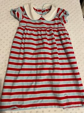 Girls' Red and Light Blue Striped Dress with White Peter Pan Collar